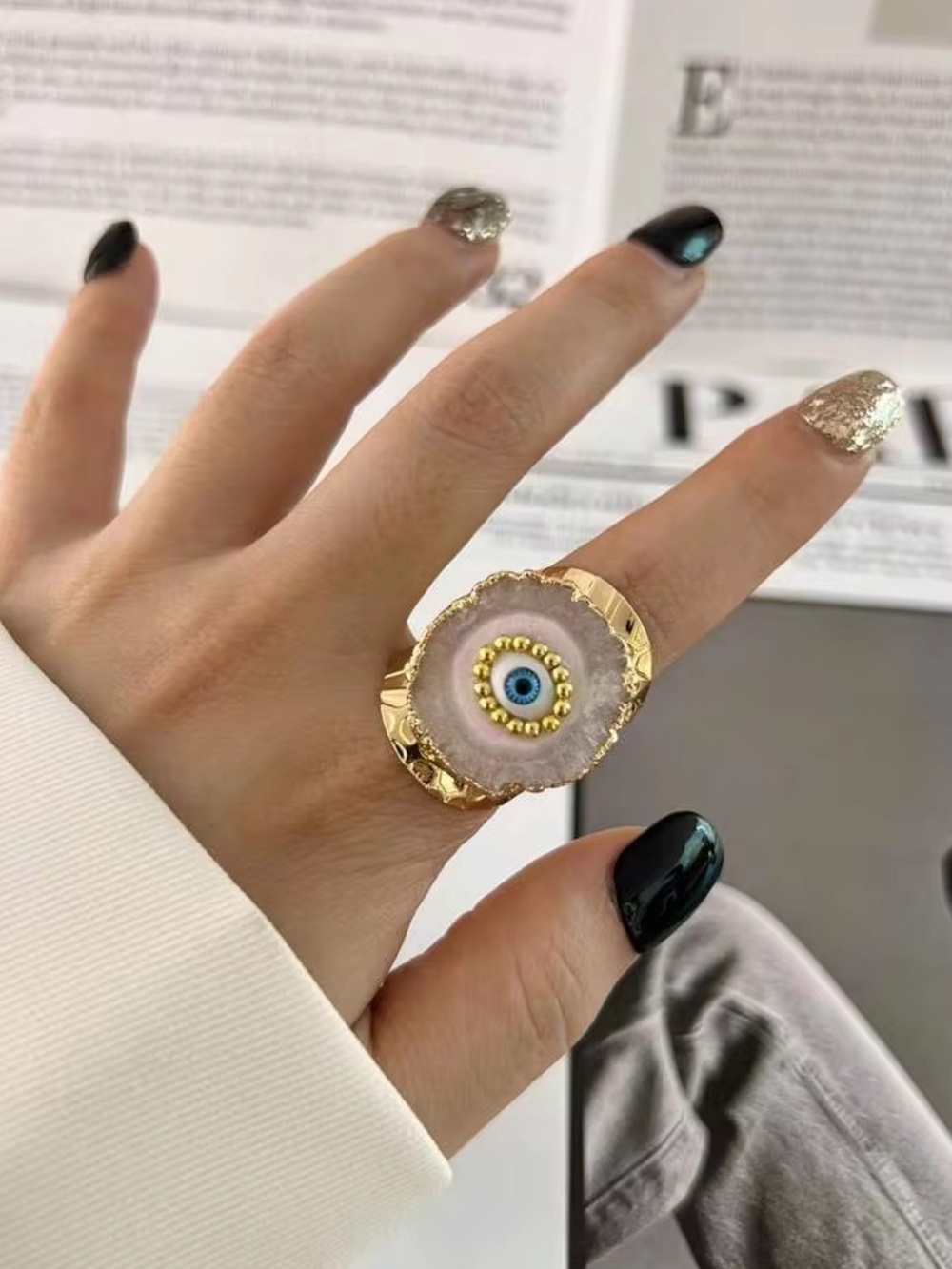 New! Gold-Plated White Synthetic Geode Agate Druzy Evil Eye Statement Ring